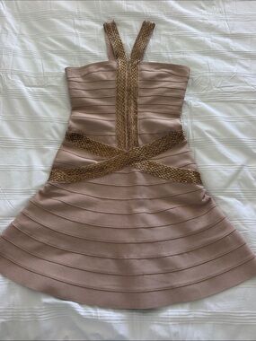 herve leger champagne dress Metallic Bandage Gown